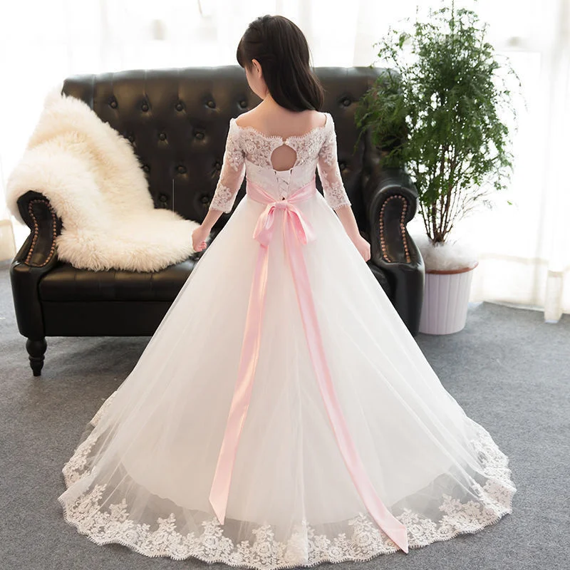 Formal Kids Pink Sash Flower Girl Dresses First Communion Party Prom Wedding Bridesmaid Princess 3/4 Sleeves Gown For Girls