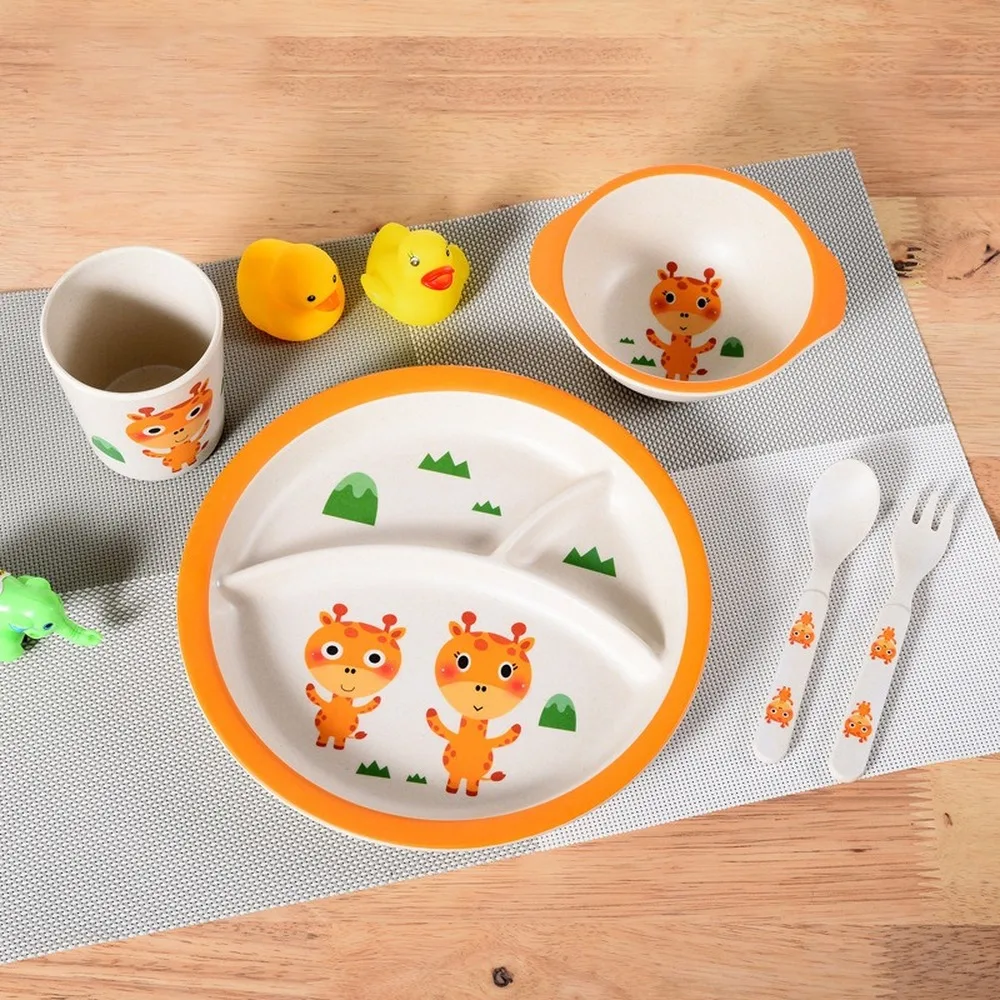 5 Pcs Round Cute Cartoon Pattern Bamboo Fiber Children Baby Kids Solid Food Feeding Tableware Set Plate Cup Bowl Fork Spoon