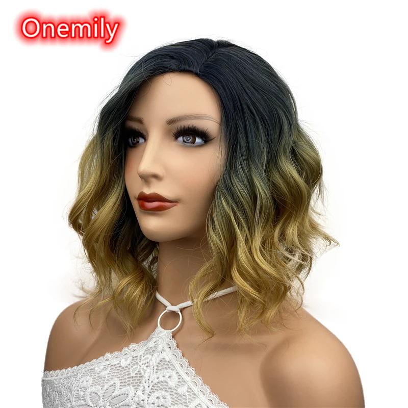 Onemily Medium Length Wavy Wave Heat Resistant Synthetic Hair Wigs for Women Girls with Bangs Party Evening Out Ombre Color