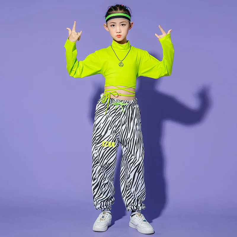 Ropa de Hip Hop para niños, Top corto con cordones, camiseta de manga larga, ropa de calle, pantalones de jogging con estampado de cebra para niñas, Ropa de baile