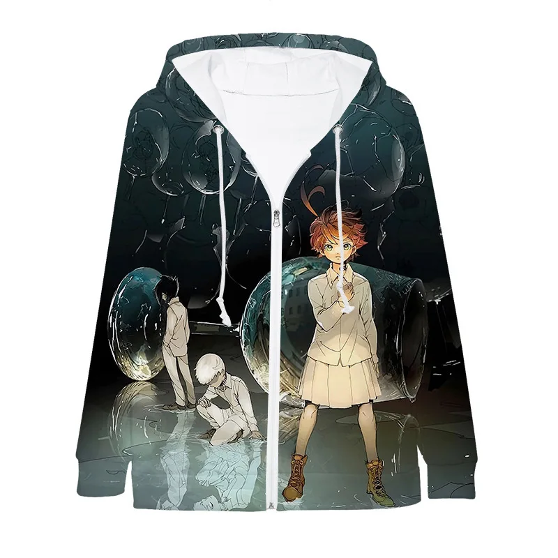 Sudadera con capucha con cremallera de The Promised Neverland para hombre y mujer, chaqueta cárdigan informal holgada y cálida de poliéster con