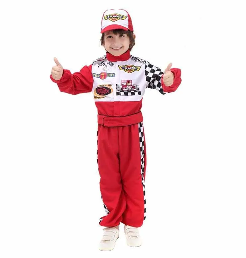 Kids Boys Halloween Racer Cosplay Red Race Car Driver Uniform Children`s Racing Driver Costume Fancy Dress Masquerade Costume