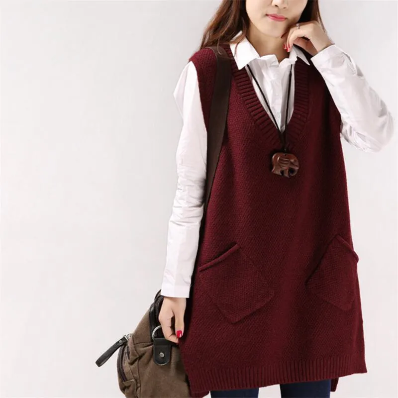 Women Sweater Spring Autumn New Korean Women\'s V-neck Knit Long A-shaped Pocket Vest Pullover Sleeveless