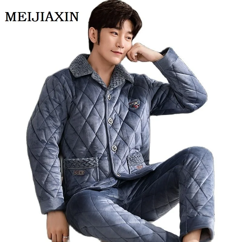 New Winter Thick Warm Men Three Layer Cotton Pajamas Set Long Sleeve Turn-down Collar Loose Soft 3XL Male Homewear