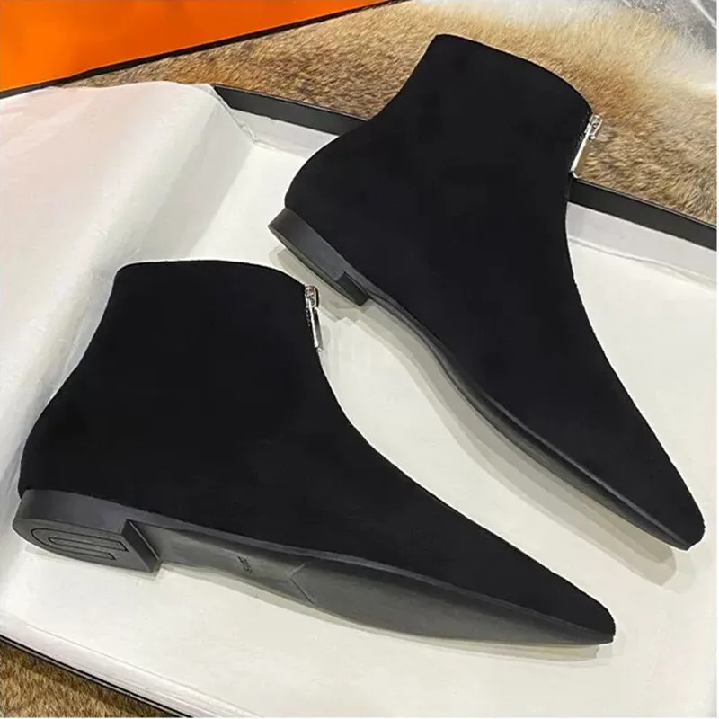 2024 New Flats Sexy Women Pointed Toe Ankle Boots British Woman Footwear Female Shoes Wedge Boots New Zipper Design Short Boots