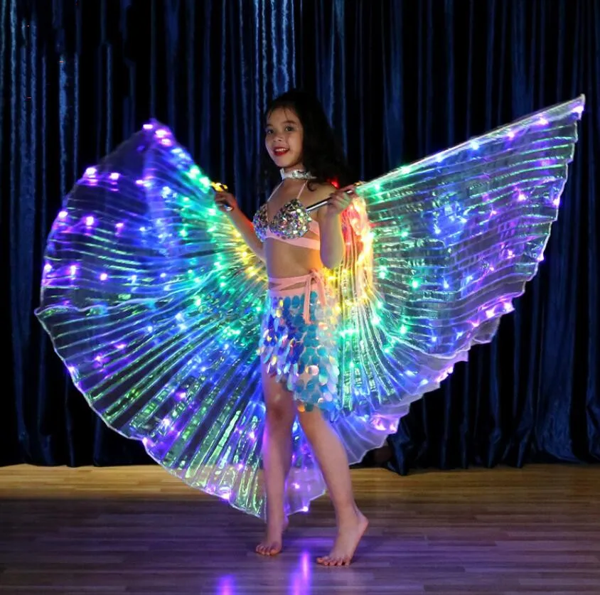 Girls LED Belly Dance Wings Colorful Butterfly Wings Glowing Performance Clothing Light Up Costume For Kids NO/ With Stick