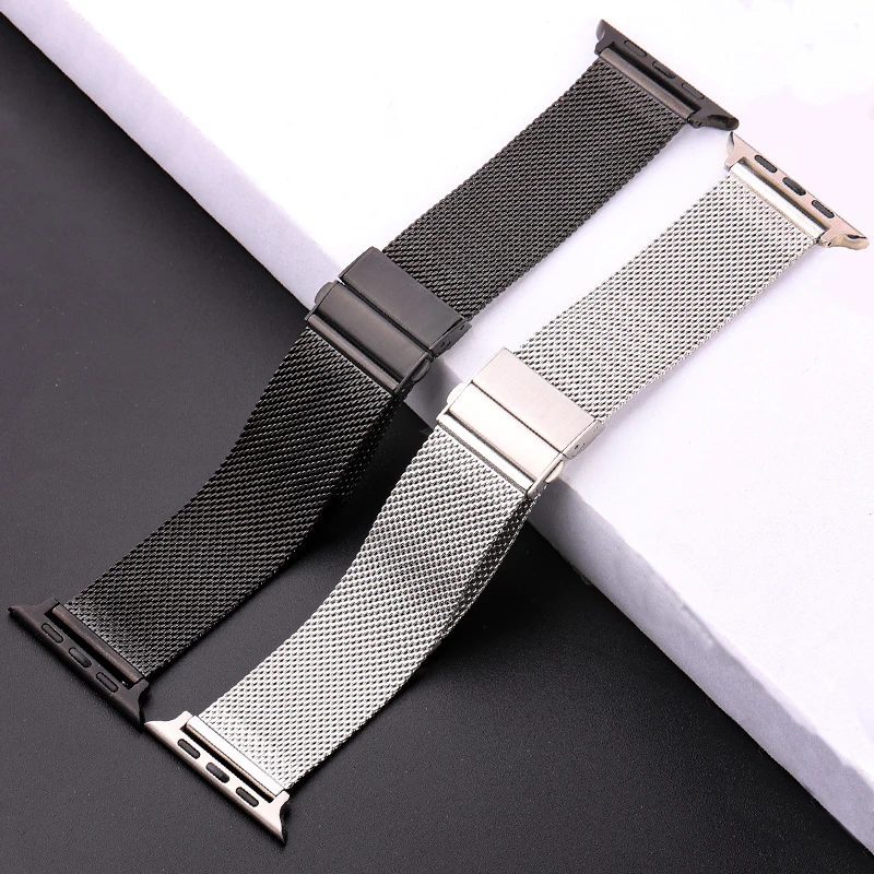 Milanese Loop Strap For Apple Watch Band 41mm 44mm 45mm 40mm Stainless Steel Silver Black Bracelet Iwatch Serie 3 4 5 6 Se 7