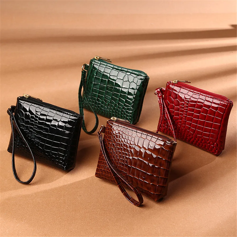 Mini portefeuille en cuir PU pour femme, motif crocodile, fermeture éclair courte, poignet, petit sac à monnaie, porte-cartes pour femme,