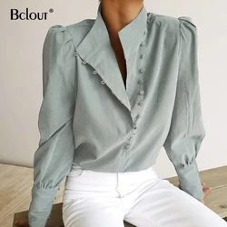 Bcolut Office Puff Sleeve White Woman Blouses Long Sleeve Stand Collar Shirt Autumn Winter Streetwear Top Work Wear Lady 2020