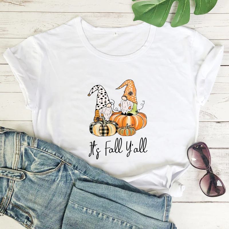 It's Fall Y'all Gnomies Colored Print T-shirt Cute Women's Thanksgiving Holiday Tshirt Funny Autumn Short Sleeve Harvest Tee Top