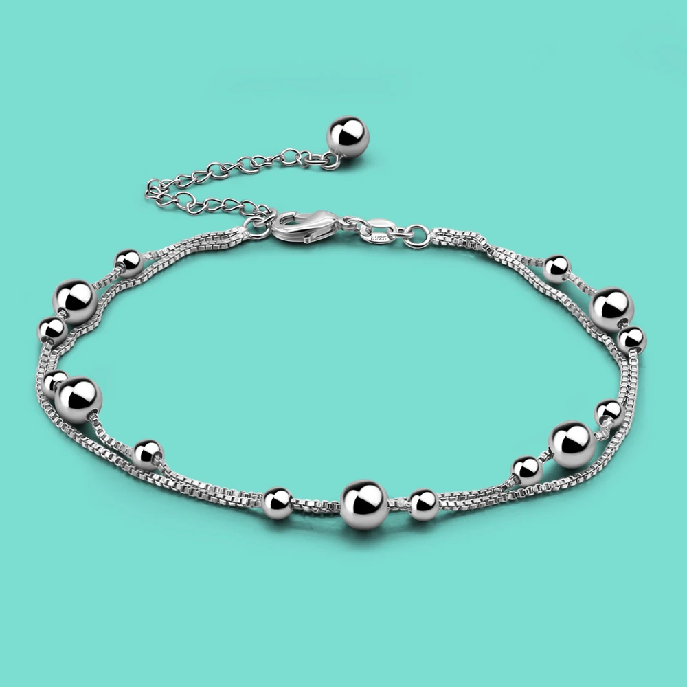 Women's 100% 925 Sterling Silver Anklet Minimalist Bead Box Chain Ankle Bracelet Summer Charm Jewelry Beach Foot Accessories