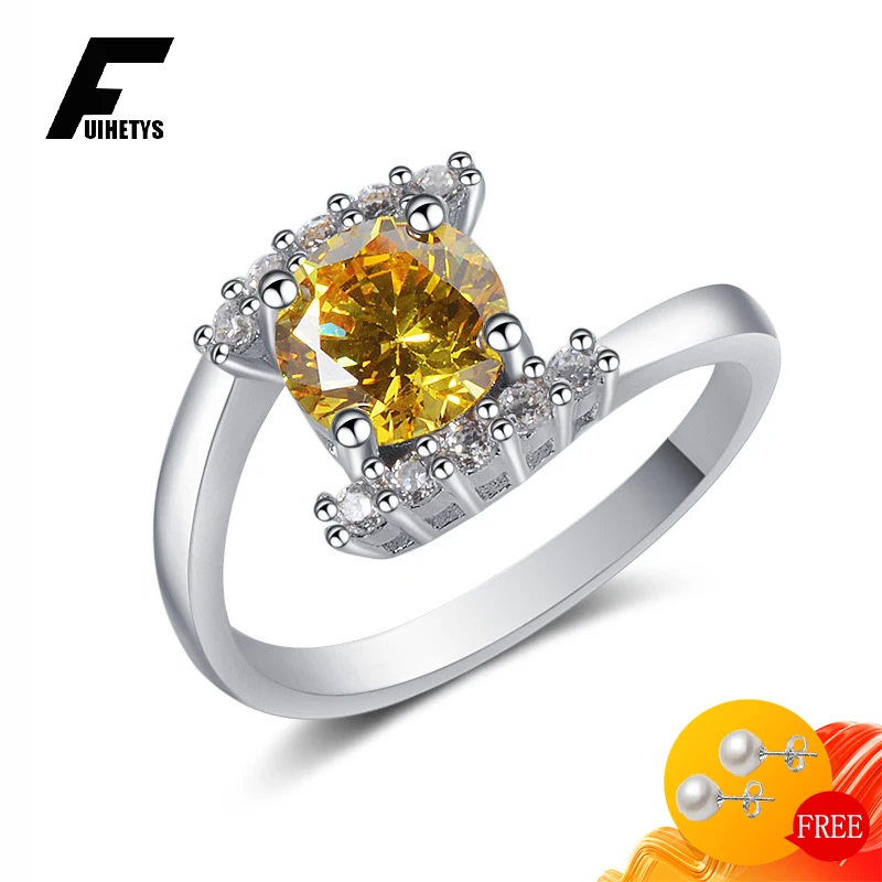 

Fashion Silver 925 Jewerly Ring Round Citrine Zircon Gemstones Accessories for Women Wedding Engagement Wholesale Finger Rings