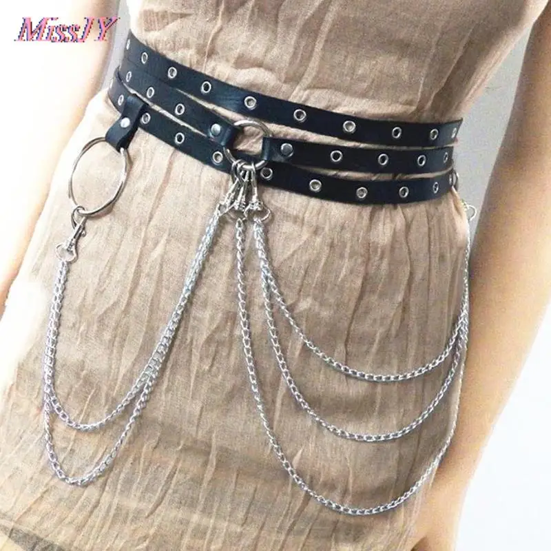 1Pc Unisex Female Leather Skirt Belts Punk Gothic Rock Harness Waist Metal Chain Body Bondage Hollow Belt Accessories For Lady