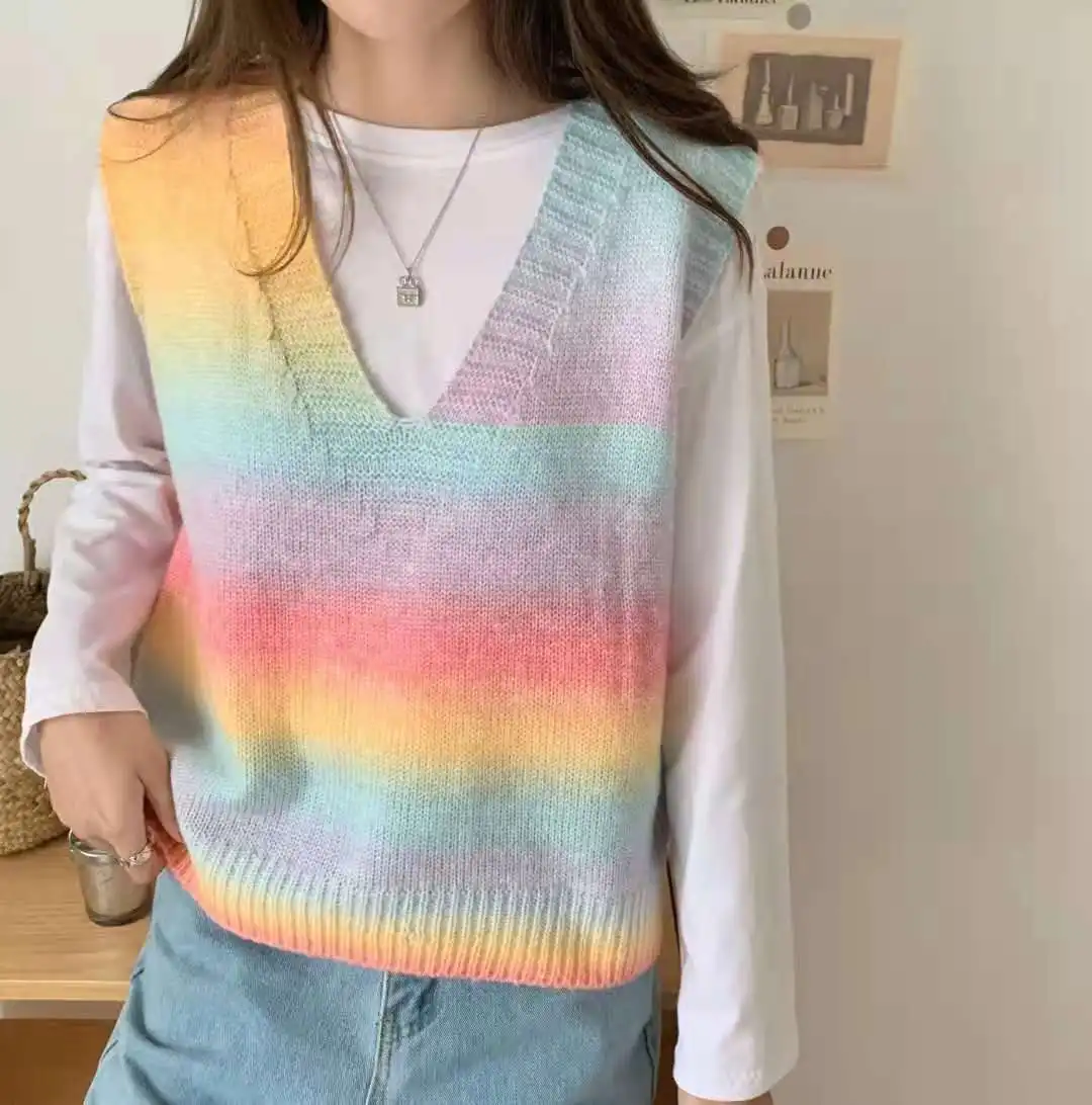 Sweter kamizelka damska dekolt w serek nadruk tęcza Casual koreański styl nastolatki Chic moda jesień zima bez rękawów dziewczyny Twist swetry y2k