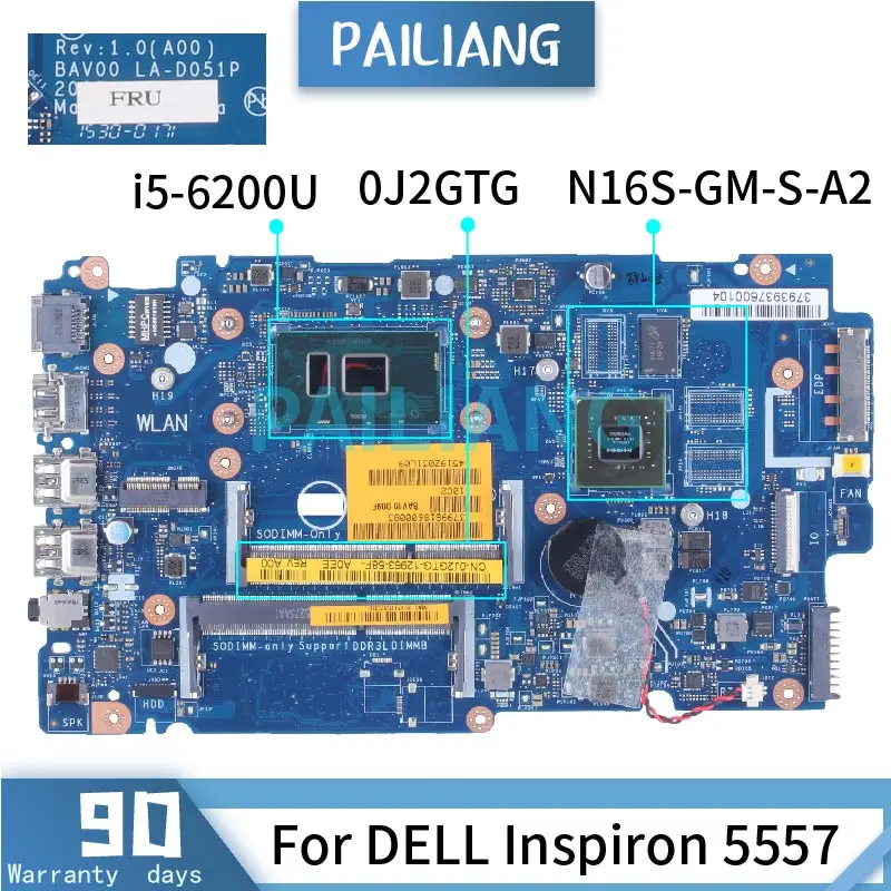 

For DELL Inspiron 5557 I5-6200U Laptop Motherboard LA-D051P 0J2GTG SR2EY N16S-GM-S-A2 DDR3 Notebook Mainboard