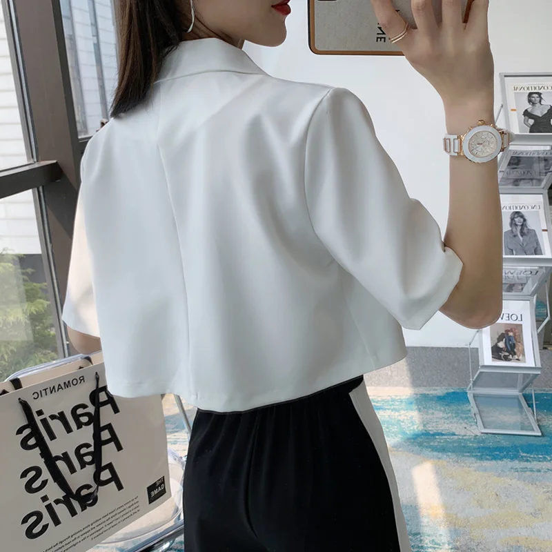 Blazers Women Patch Design Letter Printed Stylish S-3XL Short Sleeve High Street Female Cropped Blazer Leisure Korean Style