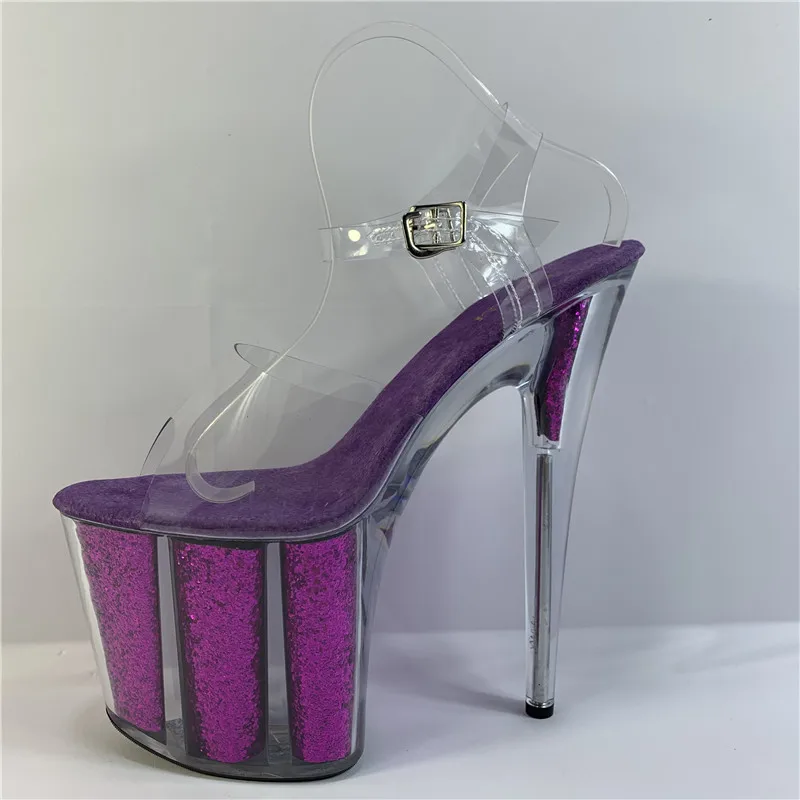 Stage model training sexy transparent purple sequins 20cm stiletto heels, 8 inch nightclub stiletto sandals