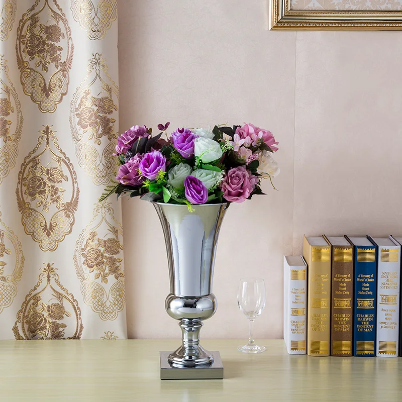 PEANDIM Shiny Silver Metal Candle Holder Celebration Party Decoration Wedding Flower Vase Strands Road Lead 40cm & 43cm