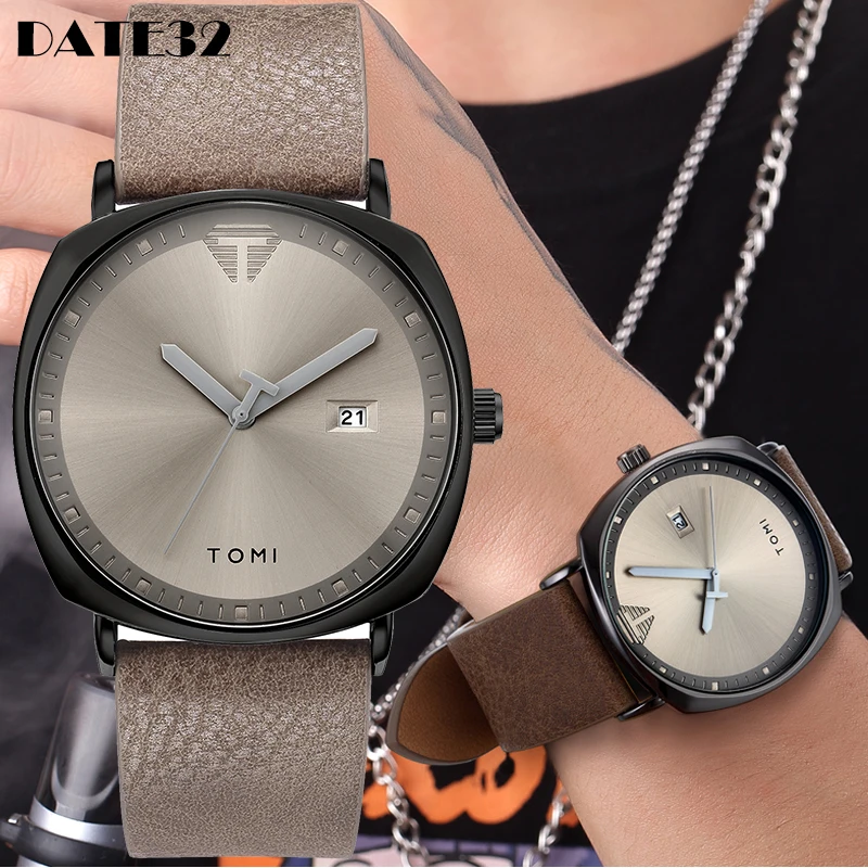 Reloj de pulsera con calendario para hombre, cronógrafo de cuarzo con esfera cuadrada Simple, informal, de cuero, minimalista, color negro y marrón