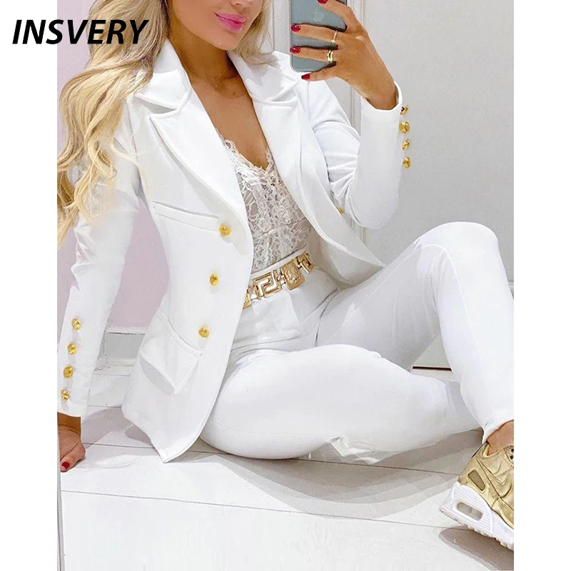 2023 Spring Autumn Women Suit Fashion 2 Piece Sets Long Sleeve Button Blazer Jacket Pants Sets Female Outfits Office Suit Cloth