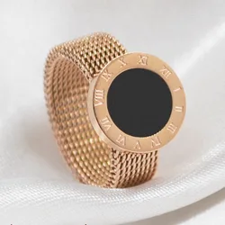 Stainless Steel Women Men Rings Black/White Shell Charm Rings Gold Color Mesh Ring For Fashion Jewelry