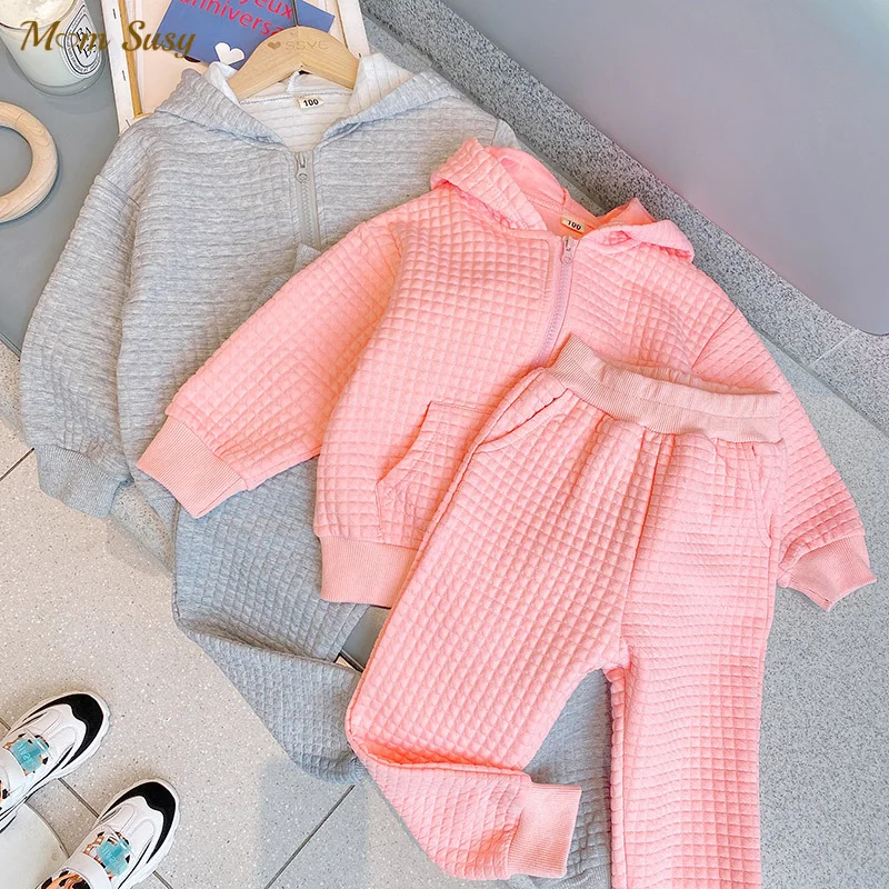 

New Baby Girl Boy Clothes Set Waffle Plaid Coat+Pant 2PCS Bebe Cotton Casual Hooded Suit Spring Autumn Clothing set 2-10Y