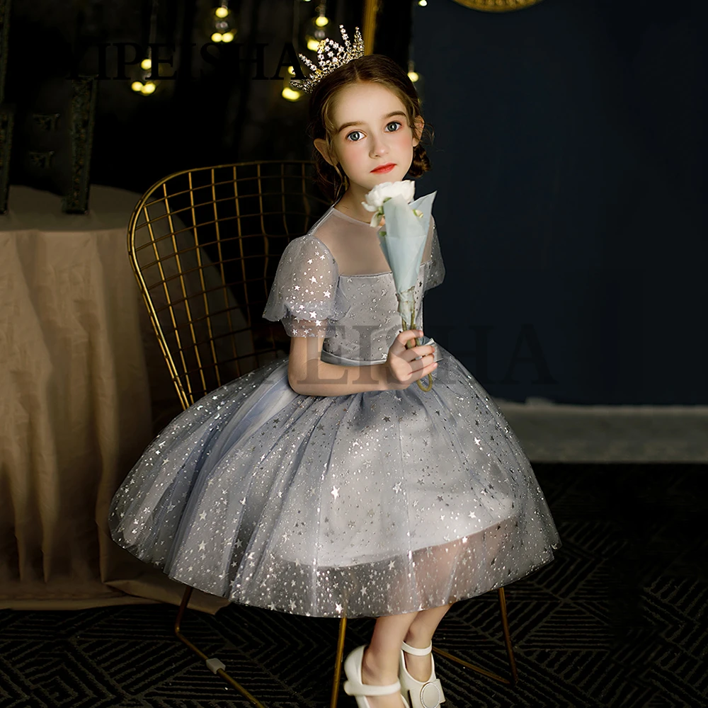 Glittery Star Sequins Decorated The Flower Kids Dresses A-Line Short Sleeve Tulle Princess Ball Gown платье для девочки vestidos