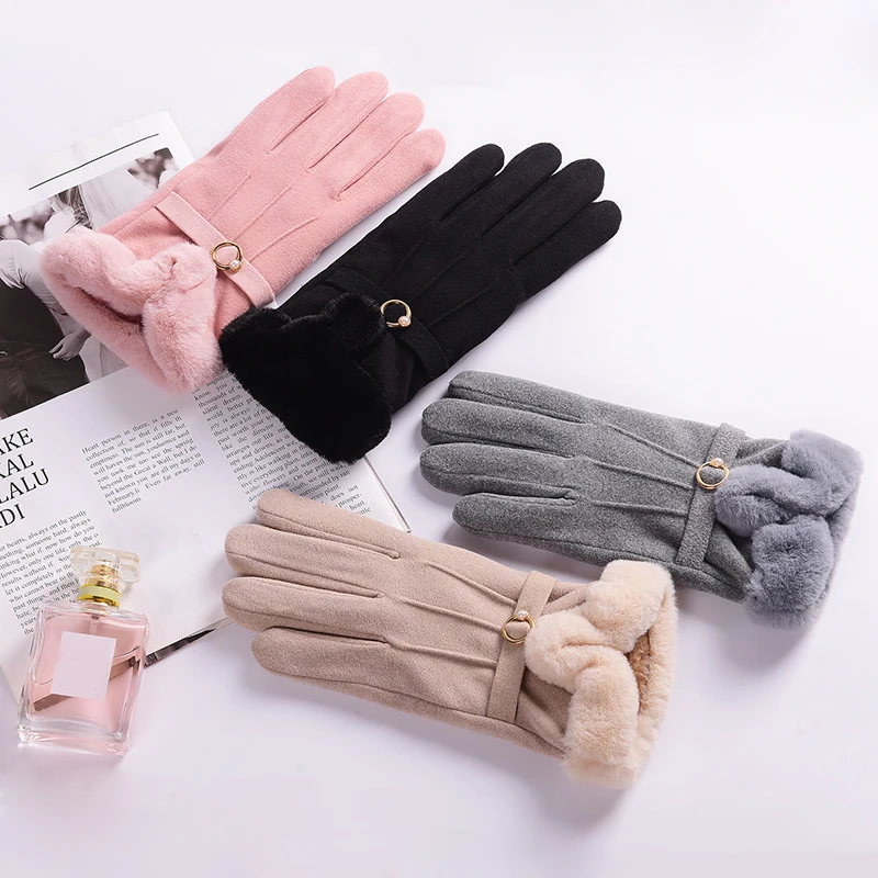 

Winter Women Plus Velvet Double Thicken Keep Warm Touch Screen Cute Plush Wrist Gloves Soft Lovely Pearl Cycling Drive Mittens