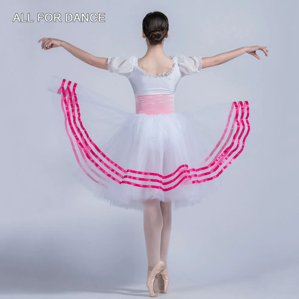 20015 Short Sleeve Ballet Dance Tutu with Hot Pink Ribbon Trim Leotard Dress Performance Costume Ballerina Tutus for Girls