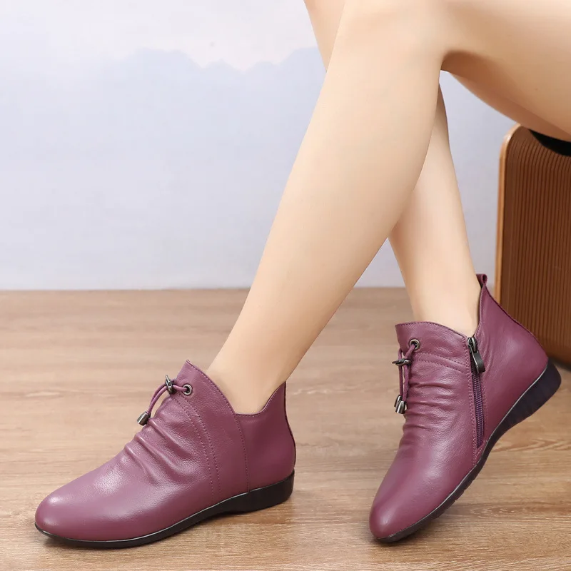 WOIZGIC Women Female Mother Ankle Genuine Leather Boots Shoes Plush Fur Warm Autumn Pointed Toe Plus Size 42 43