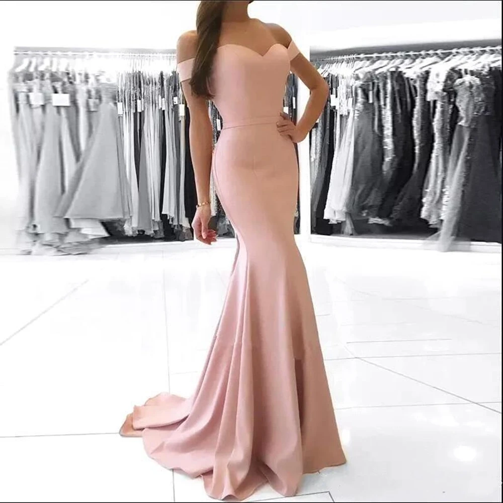 

Cheap Dusty Pink Off Shoulder Mermaid Prom Dresses Vintage Sheath Evening Gown Long Formal Satin Bridesmaid Party Dress