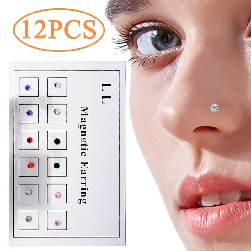 12pcs/Card Non Pierced Nose Magnet Ear Tragus Cartilage Lip Labret Stud Fake Cheater Jewelry Magnetic Earring Piercings