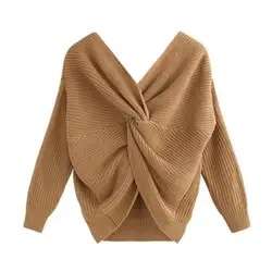 Loose Women Sweater V Neck Twisted Back Knot Knitted Pullover Autumn Winter 2023 Casual Outerwear Coats