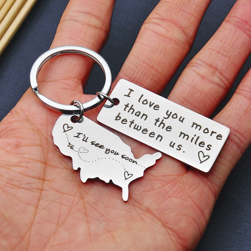 Love Keychains for Couples I Love You More Than The Miles Between Us Long Distance Relationship Boyfriend Gift Going Away State