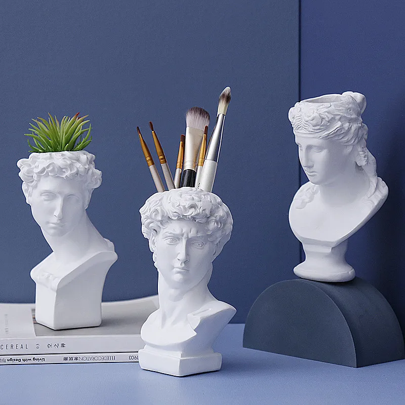 

Modern Nordic Style Creative Portrait Vase Human Head Decorative Ornaments Resin David Venus Vase Makeup Brush Storage Home