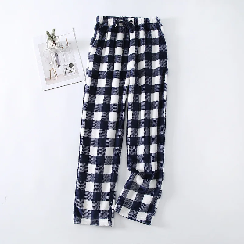 Fdfklak Fashion Plaid Flannel Sleep Bottoms Casual Loose Coral Fleece Warm Sleepwear Home Wear Pajamas Pant For Women Trousers