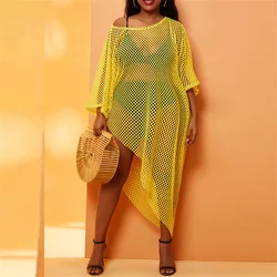 2021 Sexy Hollow Out Knitted Beach Dress Women O Neck Long Sleeve Loose Crochet Swimsuit Cover Up Vestidos Female Bathing Suit