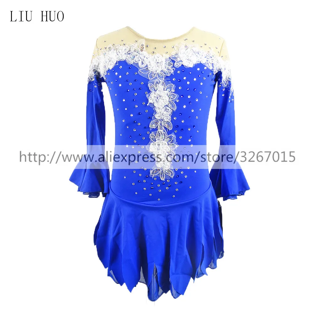 Figure Skating Dress Women's Girls' Ice Skating Dress Round neck blue white flowers Half sleeve Stretch fabrics Shiny rhinestone