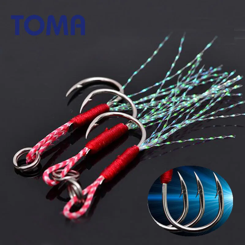 TOMA 10PCS High Carbon Steel Hook Slow With Feather Assist Jigging Hooks 12# 14# 16# Boat Jig Bait Fishing Fishing Tackle