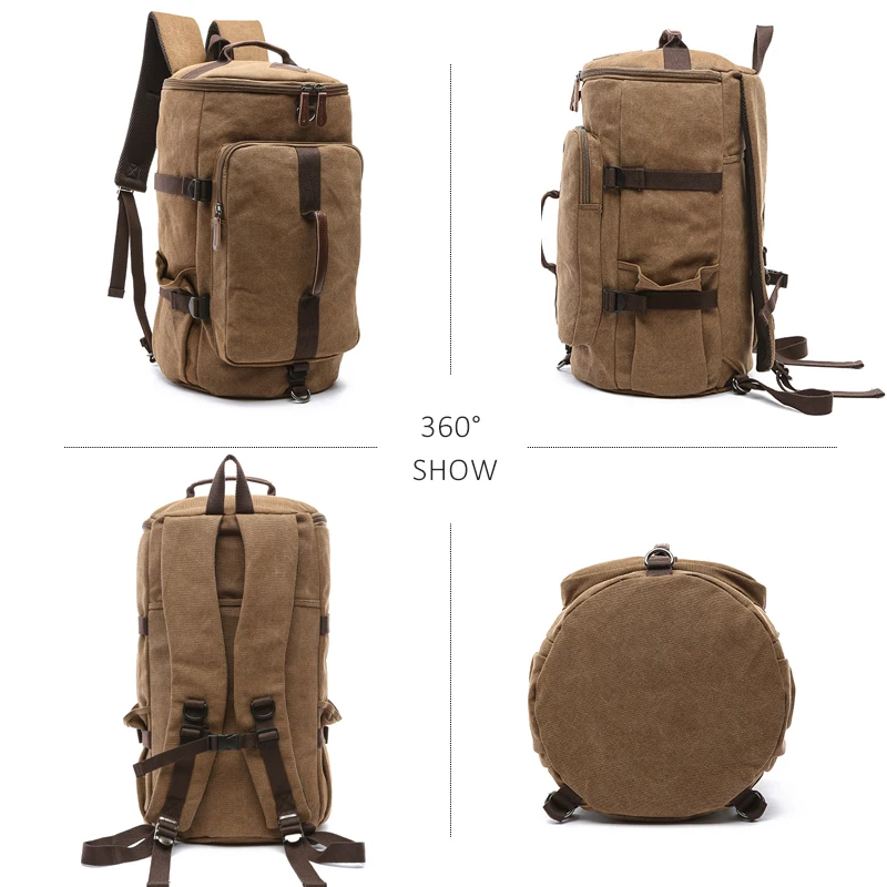 Men Large Capacity Cylinder Backpacks Canvas Luggage Shoulder Bags Duffle Travel Waterproof Solid Leather Casual Case