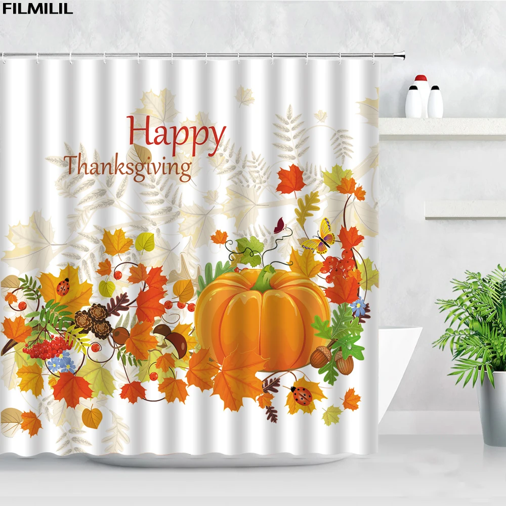 

Autumn Harvest Festival Pumpkin Shower Curtains Red Yellow Maple Leaves Butterfly Thanksgiving Home Decor Bathroom Bath Curtain