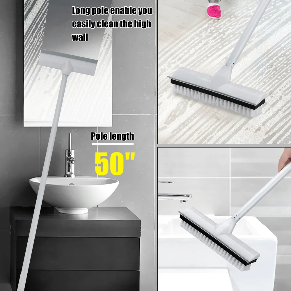 Carpet Brush Adjustable with Long Handle Rubber Scraper Floor Scrub Brush Stainless Metal Handle Scrubber with Stiff Bristles