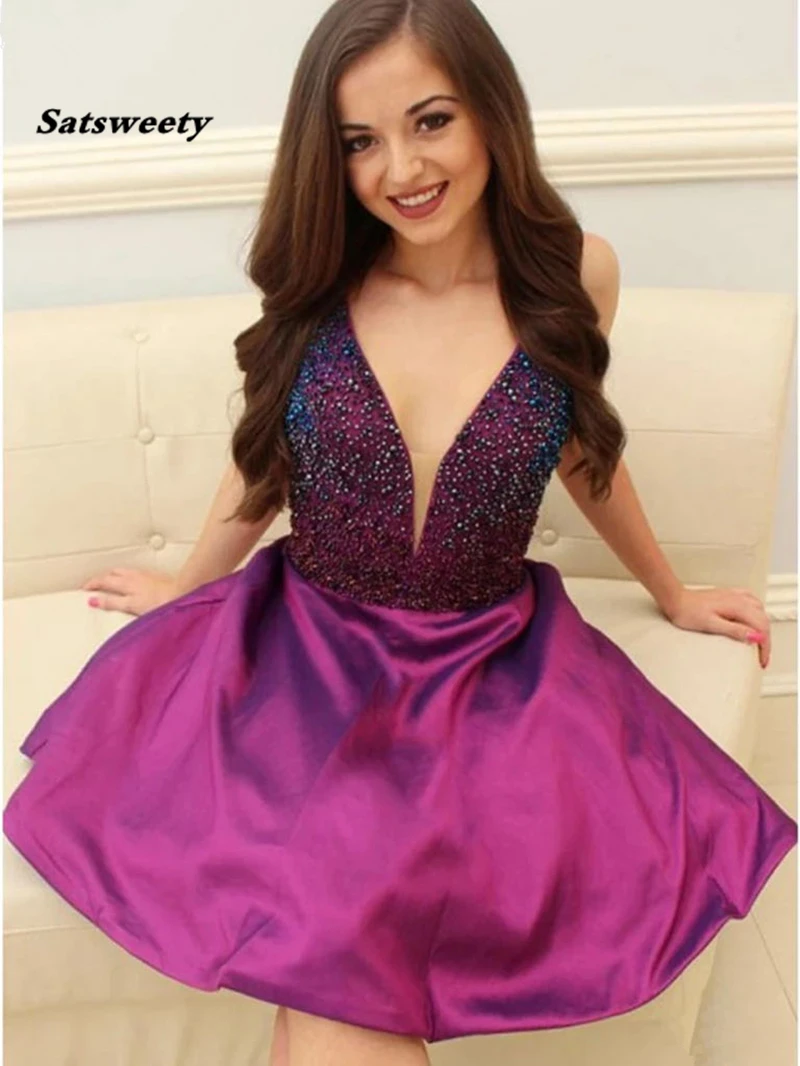 Curto Mini cetim Vestidos Homecoming, frisado Sparkle, V-Neck, A-Line, elegante Vestidos de Cocktail, Roxo, 2024