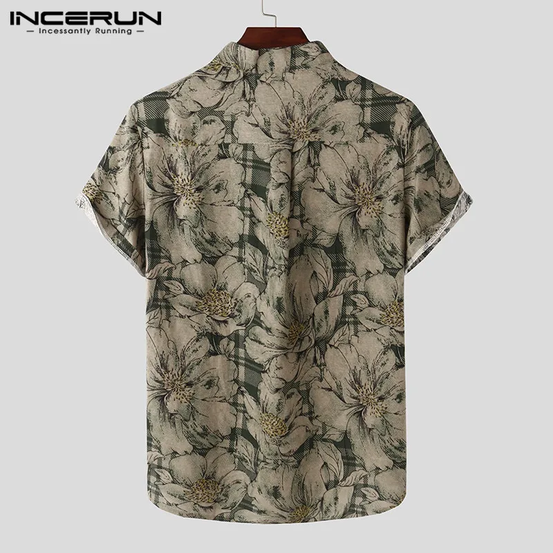 INCERUN Mens Printed Camisa Masculina Summer Hawaiian Blouse Men Vintage Shirts Short Sleeve Lapel Camisa Casual Buttons Blusas