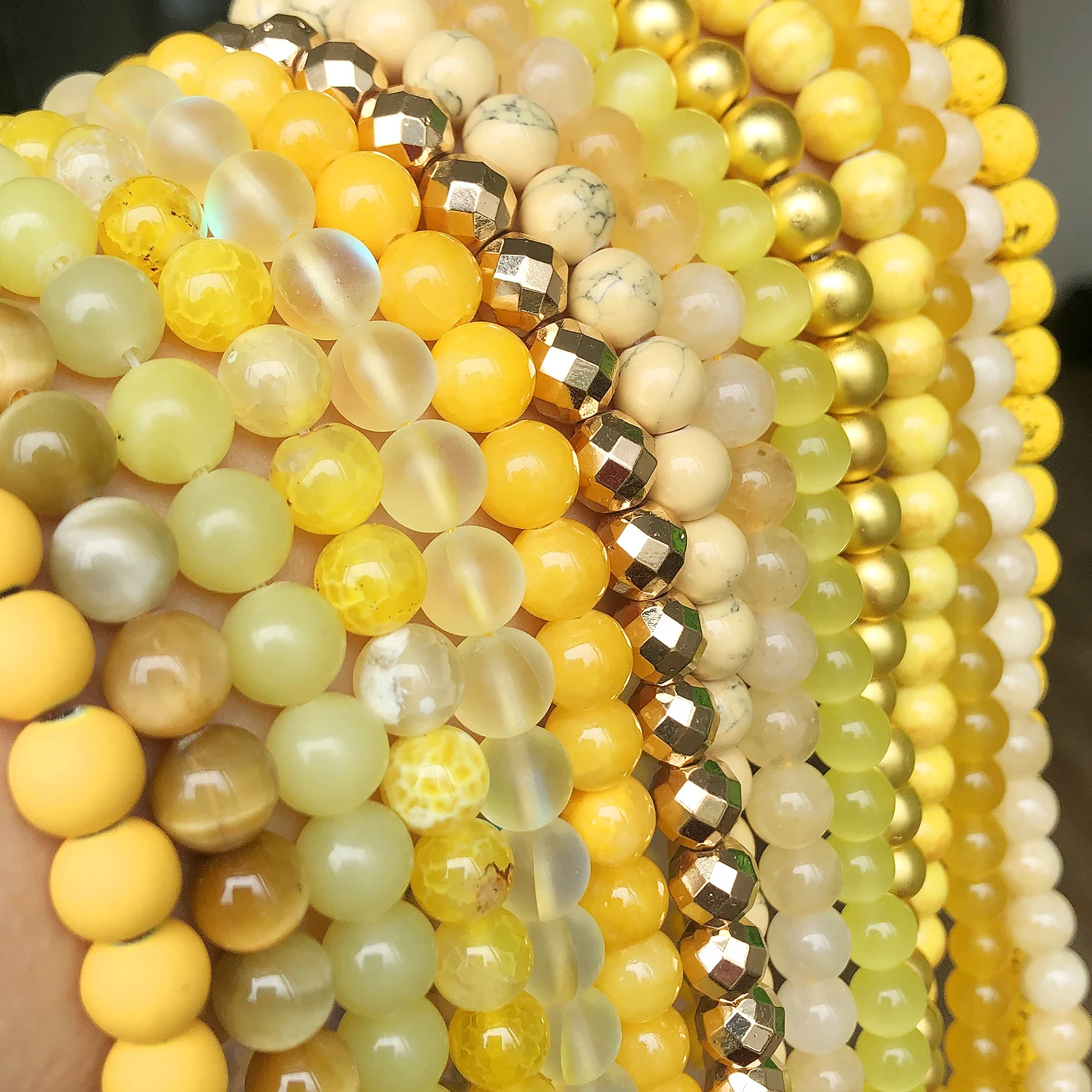 Gold Color Beads Natural Stone Yellow Jade Agate Hematite Lava Round Loose Beads for Jewelry Making DIY Handmade Bracelet 15\'\'