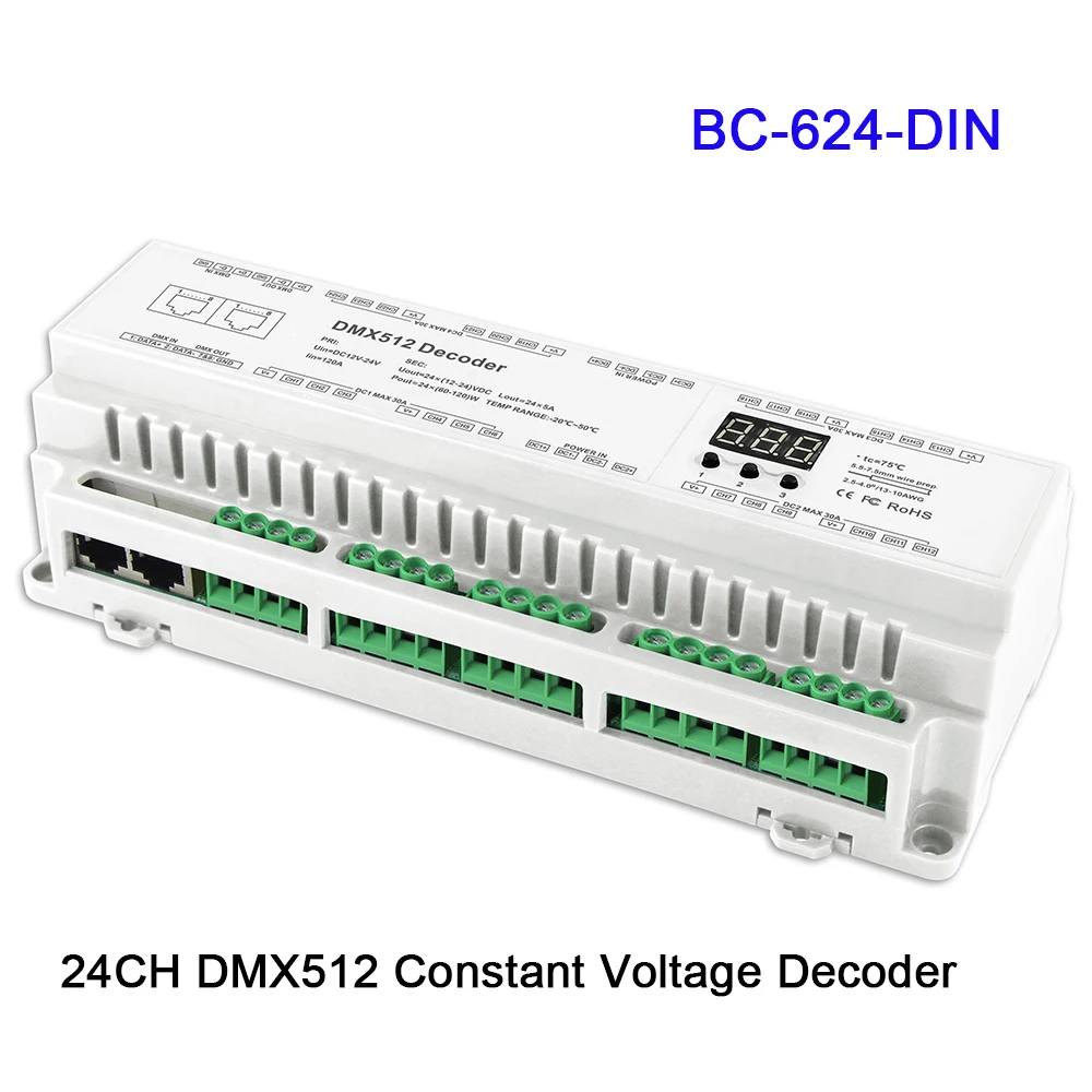 

BC-624-DIN/BC-632-DIN/BC-640-DIN 24/32/40CH DMX512/8 бит/16 бит вход DC12V-24V RJ45 подключение светодиодной ленты RGB/RGBW декодер лампы