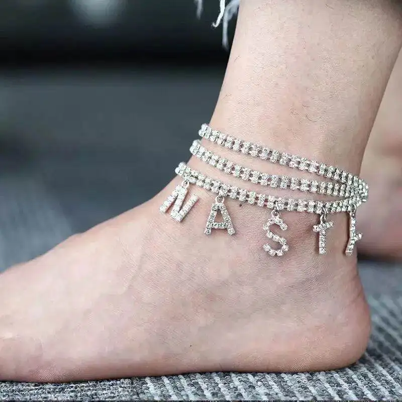 Women's letters Ankle Bracelet Rhinestone Gold Bracelet Beach Party Club Bracelet Fashion barefoot chain jewelry