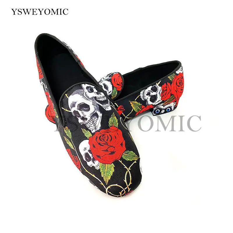 Zapatos de baile de tacón bajo para hombre, calzado de 2cm con calavera de Halloween, flor roja, tela latina, Bachata, Salsa, suela de cuero, 2021