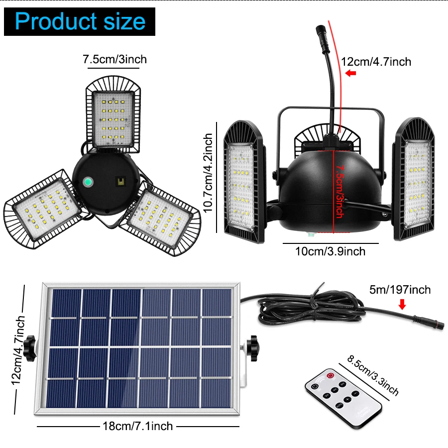 Lámpara Solar con 3 cabezales, luz ajustable con Control remoto, temporizador 2/4/6, impermeable, para exteriores, jardín, 60 led, novedad