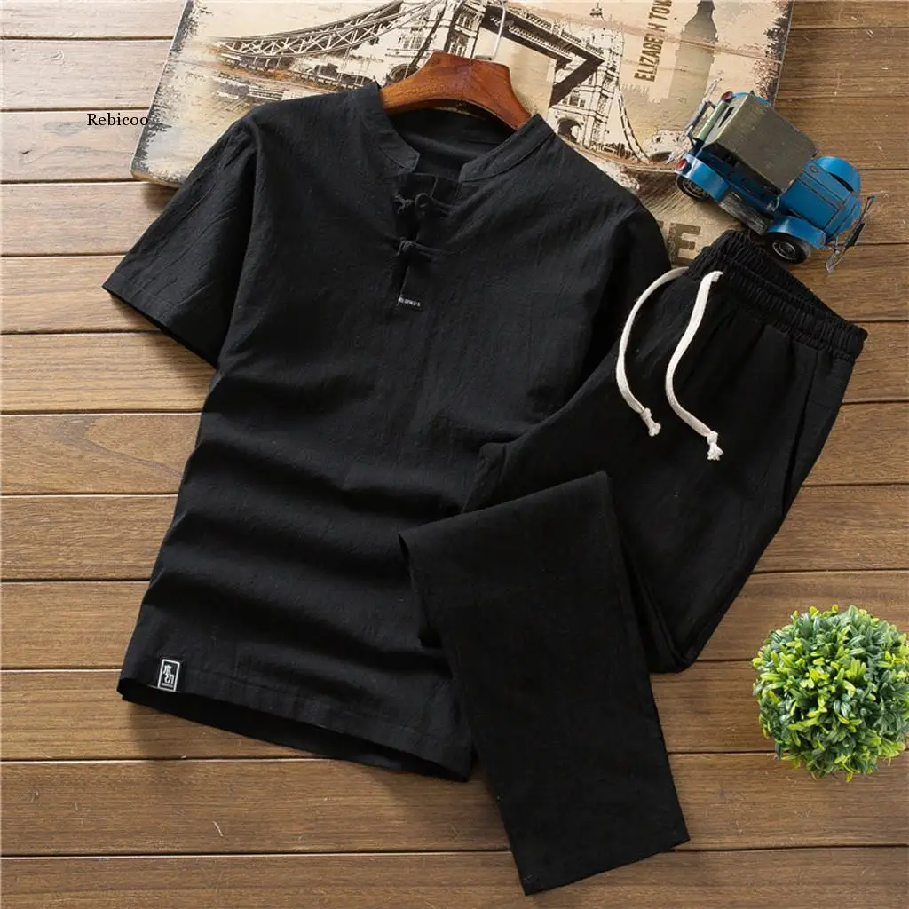 Summer Men Clothes Suit Men\'s Summer suit Large Size Loose Chinese  Cotton and Linen Short Sleeve T-shirt 2 piece Clothes